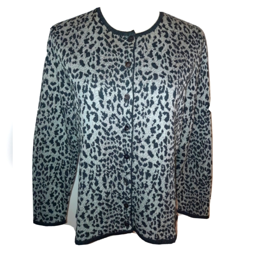Talbots gray and black animal print cardigan sweater s…